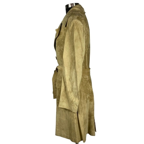 VINTAGE PORTO GALIA 70's SUEDE LEATHER TAN DOUBLE BREAST BELTED TRENCH COAT14/16 - Picture 4 of 13